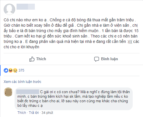 Chồng thua cá độ bóng đá gần trăm triệu, vợ tuyệt vọng lên mạng hỏi em có nên bán trứng lấy 15 triệu/lần trả nợ cho chồng? - Ảnh 1.