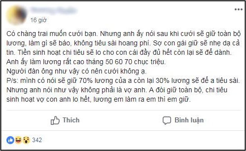 Chưa kịp mừng vì chồng tương lai có thu nhập 70 triệu/tháng, cô gái điếng người khi biết chàng đòi giữ hết tiền lương - Ảnh 1.