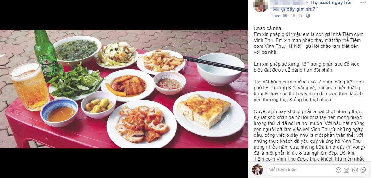 Quán cơm Vinh Thu 22 năm gắn bó với người Hà Nội đột ngột thông báo nghỉ bán hàng - Ảnh 1. Quán cơm Vinh Thu 22 năm gắn bó với người Hà Nội đột ngột thông báo nghỉ bán hàng - Ảnh 1.