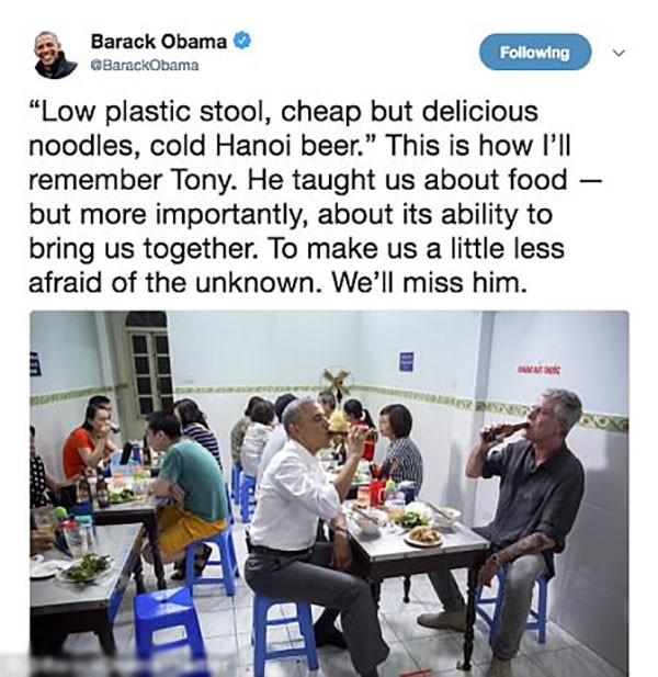 Ông Obama tiếc thương đầu bếp Anthony Bourdain, nhắc tới kỉ niệm ăn bún chả Hà Nội - Ảnh 1.