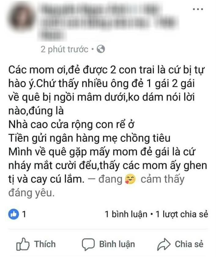 Mẹ trẻ tuyên bố tự hào vì có 2 con trai, khinh thường các nhà toàn con gái phải ngồi mâm dưới gây bão MXH - Ảnh 1.