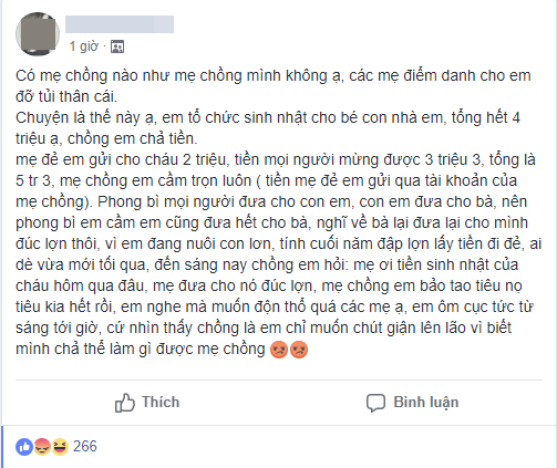 Bị mẹ chồng thản nhiên cầm hộ rồi tiêu hộ luôn hơn 5 triệu tiền mừng sinh nhật con, mẹ bầu nức nở uất ức - Ảnh 1. Bị mẹ chồng thản nhiên cầm hộ rồi tiêu hộ luôn hơn 5 triệu tiền mừng sinh nhật con, mẹ bầu nức nở uất ức - Ảnh 1.