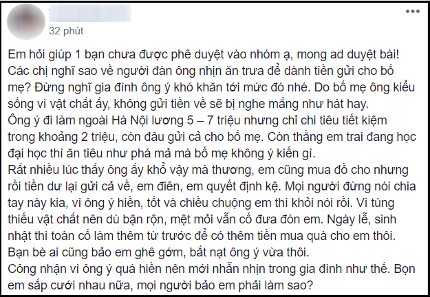 Chồng sắp cưới nhịn ăn để tiền gửi về quê cho bố mẹ, chị em khuyên bỏ, cánh mày râu bảo cưới - Ảnh 1.