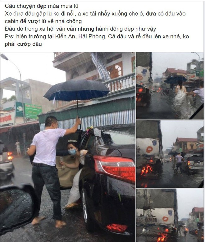 Hình ảnh gây chú ý: Tài xế xe tải che ô, đỡ váy, đưa cô dâu vượt mưa lụt về nhà chồng - Ảnh 1.