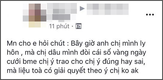 Anh chị ly dị, chị dâu đòi số vàng cưới bố mẹ đẻ cho, em chồng lên hỏi ý kiến liền bị “ném đá” sấp mặt - Ảnh 1.