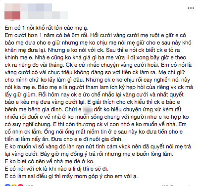 Trót nhờ mẹ đẻ giữ giúp vàng cưới, chồng tỏ ra khó chịu, nói mẹ vợ ích kỷ, liên tục đuổi vợ ra ở riêng vì ứng xử kém - Ảnh 1. Trót nhờ mẹ đẻ giữ giúp vàng cưới, chồng tỏ ra khó chịu, nói mẹ vợ ích kỷ, liên tục đuổi vợ ra ở riêng vì ứng xử kém - Ảnh 1.
