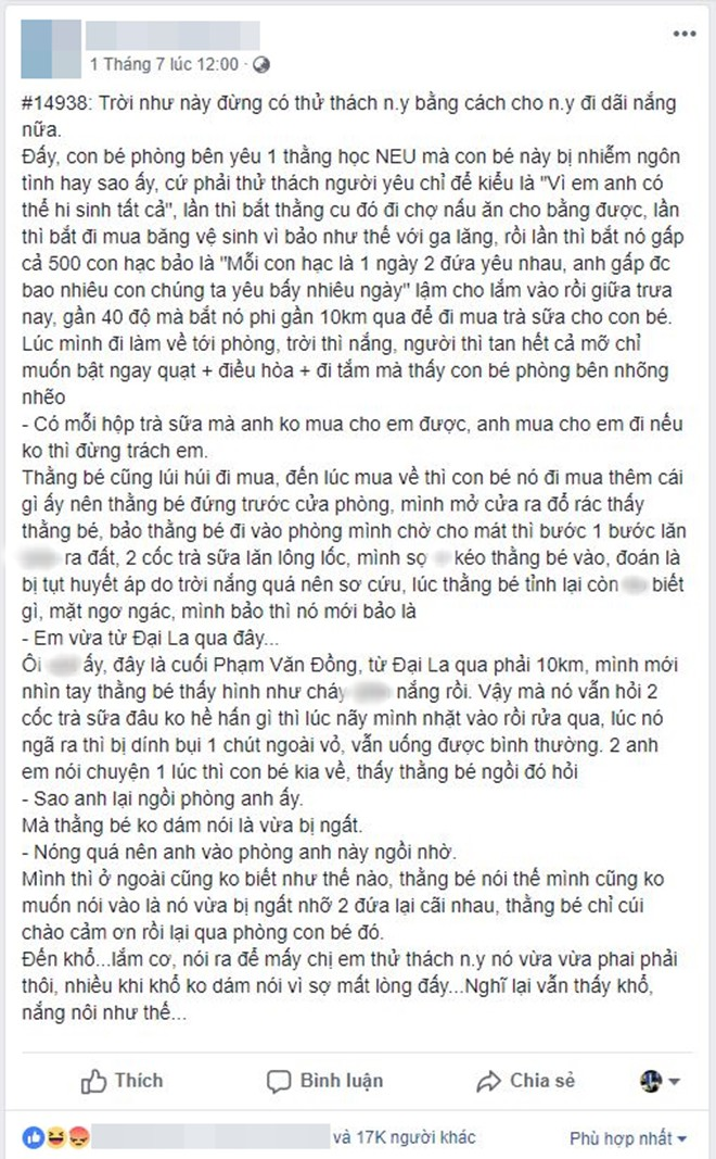 Đáp ứng thử thách mua trà sữa của bạn gái, chàng trai ngất xỉu sau khi đi 10km dưới trời nắng nóng 40 độ - Ảnh 1. Đáp ứng thử thách mua trà sữa của bạn gái, chàng trai ngất xỉu sau khi đi 10km dưới trời nắng nóng 40 độ - Ảnh 1.