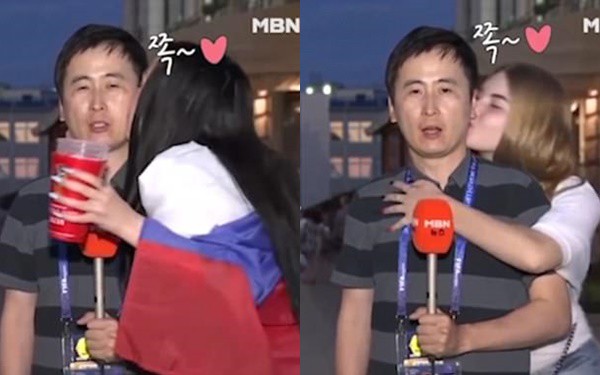 World Cup 2018: Phóng viên Hàn Quốc liên tục bị hai cô gái Nga cưỡng hôn trên sóng trực tiếp - Ảnh 2. World Cup 2018: Phóng viên Hàn Quốc liên tục bị hai cô gái Nga cưỡng hôn trên sóng trực tiếp - Ảnh 2.