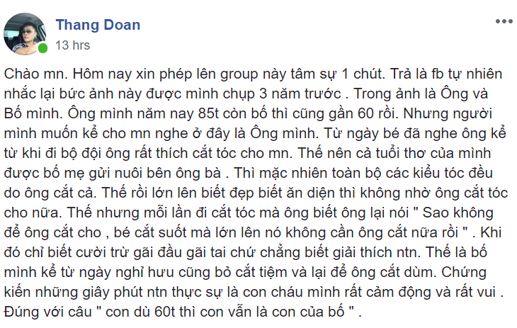 Hình ảnh ông cắt tóc cho bố và lời nhắn nhủ cảm động: Dù bao nhiêu tuổi, tình cha vẫn vậy! - Ảnh 1.