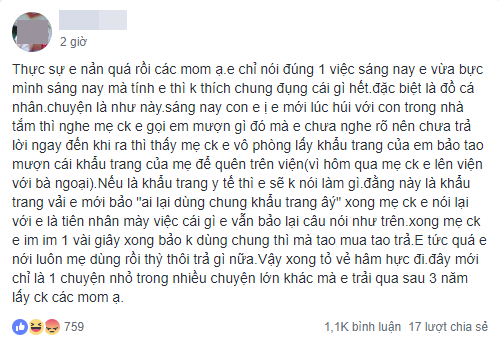 Mẹ chồng hỏi mượn mỗi chiếc khẩu trang, nàng dâu trẻ hậm hực lên mạng nói xấu, bị chị em gạch đá tả tơi - Ảnh 1.