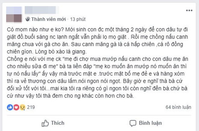 Nàng dâu tố mẹ chồng hai mặt, phải giặt quần áo khi mới sinh được 32 ngày, hội chị em lại bảo còn sướng chán - Ảnh 1.