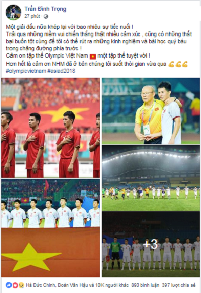 Các chàng trai đội tuyển Olympic Việt Nam đồng loạt đăng status xin lỗi gửi đến người hâm mộ, có cả những lời chia tay - Ảnh 1.