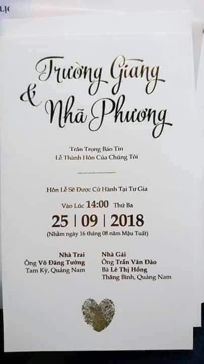 Lộ thiệp cưới của Nhã Phương - Trường Giang, xác nhận hôn lễ được tổ chức lúc 14h chiều ngày 25/9  - Ảnh 1.