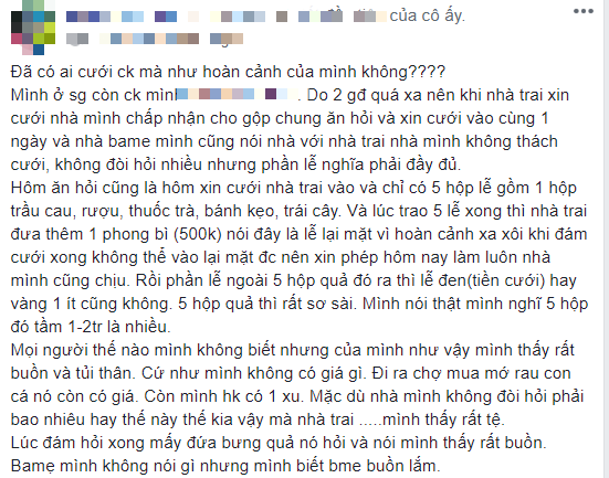 C&ocirc; g&aacute;i S&agrave;i G&ograve;n than lấy chồng tỉnh lẻ, ăn hỏi ki&ecirc;m rước d&acirc;u chỉ l&egrave;o t&egrave;o 5 tr&aacute;p, chẳng c&oacute; v&agrave;ng hay lễ đen khiến chị em tranh c&atilde;i - Ảnh 2.