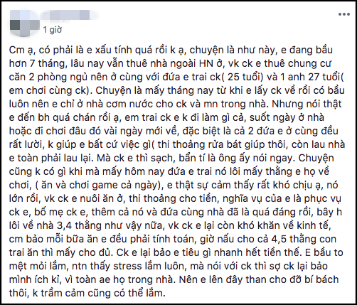 Khệ nệ ôm bụng bầu 7 tháng hầu hạ em chồng vô công rồi nghề, vợ trẻ ngán ngẩm lên xin cao kiến chị em - Ảnh 1.