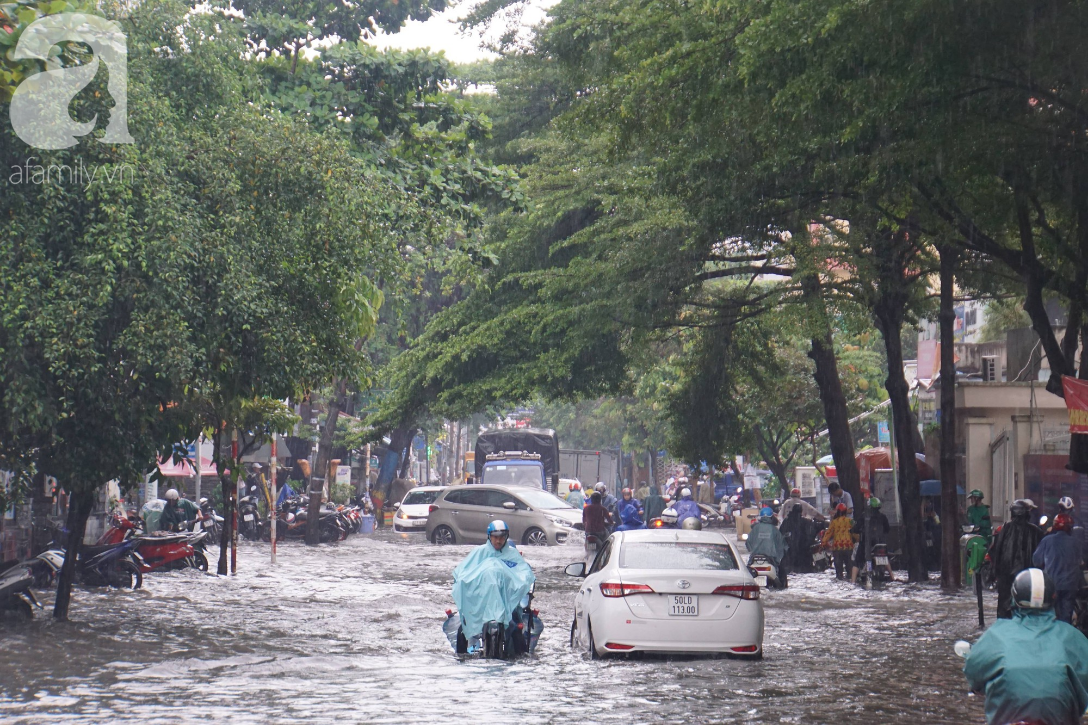 Khu biệt thự ở Sài Gòn ngập nặng sau mưa, trẻ em trường quốc tế được bố mẹ cõng trên vai lội nước về nhà - Ảnh 1.