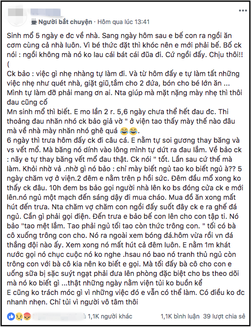 Vợ sinh mổ 5 ngày phải tự chăm con và vệ sinh vết khâu, chồng chẳng thương còn nói một câu đau xé lòng - Ảnh 1.