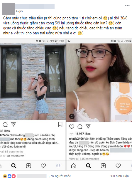 Bạn gái Quang Hải U23 bị dân mạng cười tự bê đá đập chân mình khi hôm trước quảng cáo thuốc giảm cân, hôm sau lại uống thuốc tăng cân - Ảnh 1.