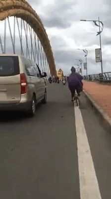 Hình ảnh đẹp: Thấy gió lớn khiến người phụ nữ đi xe đạp chao đảo, tài xế ô tô đi chầm chậm để làm lá chắn qua cầu Rồng - Ảnh 1.