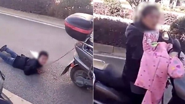 Phẫn nộ cảnh bà mẹ Trung Quốc trói con trai sau xe máy kéo lê trên phố - Ảnh 1.