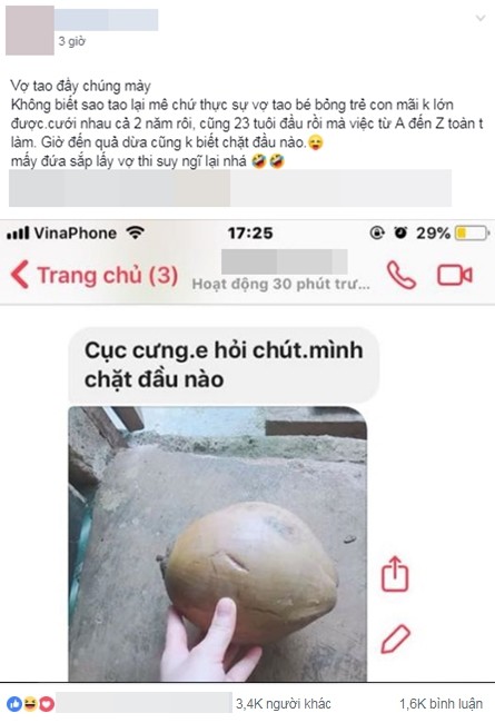 Gọi chồng chỉ vì không biết bổ dừa, nhưng cô vợ khiến chị em cười sái hàm vì bức ảnh chụp - Ảnh 1. Gọi chồng chỉ vì không biết bổ dừa, nhưng cô vợ khiến chị em cười sái hàm vì bức ảnh chụp - Ảnh 1.