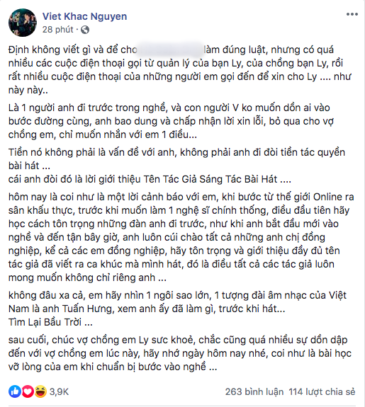 Vợ chồng Hương Ly xin lỗi Khắc Việt vụ mang bài đi hát kiếm tiền không xin phép, đây là động thái của nam ca sĩ - Ảnh 1.