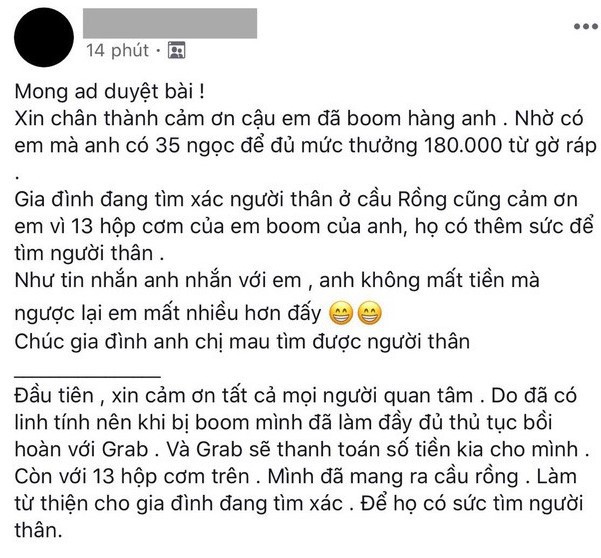 Chàng Grab mang tặng 13 suất cơm gà bị khách bom: Cuộc sống này, tiền bạc quan trọng thật nhưng không phải là tất cả - Ảnh 1.