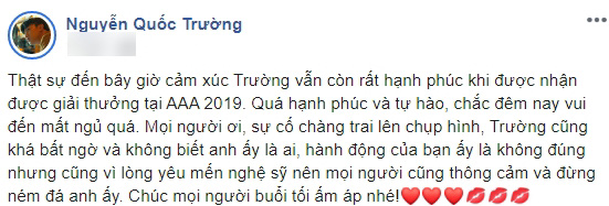 Quốc Trường lên tiếng sau sự cố bị người đàn ông lạ mặt nhào lên sân khấu chụp hình lúc đang nhận giải  - Ảnh 4.