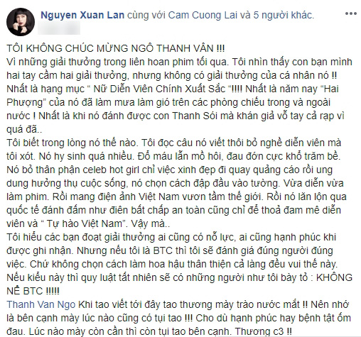 Xuân Lan trào nước mắt vì Ngô Thanh Vân hụt mất giải lớn tại LHP Việt Nam 2019: &quot;Tôi không nể ban tổ chức&quot;  - Ảnh 2.