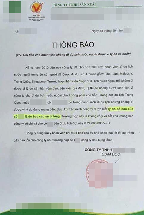 Công ty nhà người ta: Không đi du lịch cùng cơ quan vì &quot;có bầu do bao cao su lủng&quot;, nhân viên được lãnh 24 triệu đồng tiền trợ cấp - Ảnh 1.