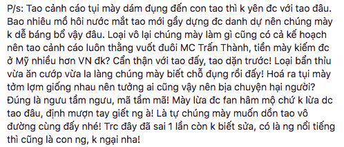 Sốc khi Vy Oanh tiếp tục đăng đàn cảnh cáo Trấn Thành, gọi nam MC là thằng - Ảnh 2.