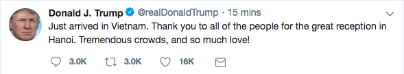 Vừa đến Hà Nội, ông Trump đã nhanh chóng đăng Twitter cảm ơn Việt Nam - Ảnh 1.