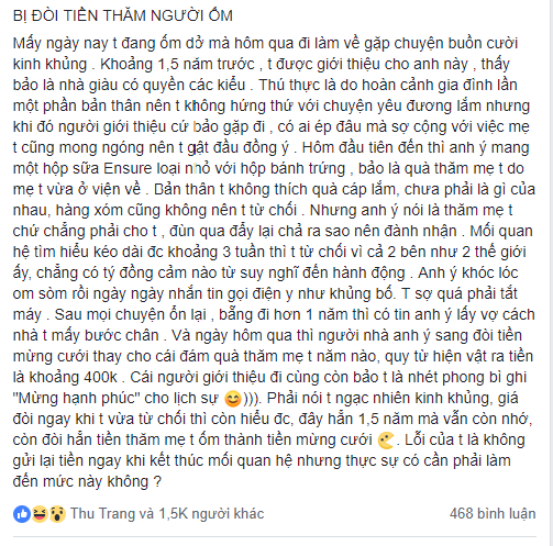 Bất ngờ bị đòi nợ quy đổi từ quà thăm mẹ ốm thành tiền mừng cưới của bạn trai mới quen, cô nàng bối rối hỏi cư dân mạng phải làm sao? - Ảnh 1.