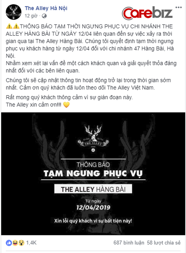 Cái kết đắng trước bão 1 sao: Cách chức cửa hàng trưởng xuống làm nhân viên vệ sinh chưa đủ, The Alley Hàng Bài đã tạm ngừng hoạt động không hẹn ngày trở lại - Ảnh 1. Cái kết đắng trước bão 1 sao: Cách chức cửa hàng trưởng xuống làm nhân viên vệ sinh chưa đủ, The Alley Hàng Bài đã tạm ngừng hoạt động không hẹn ngày trở lại - Ảnh 1.