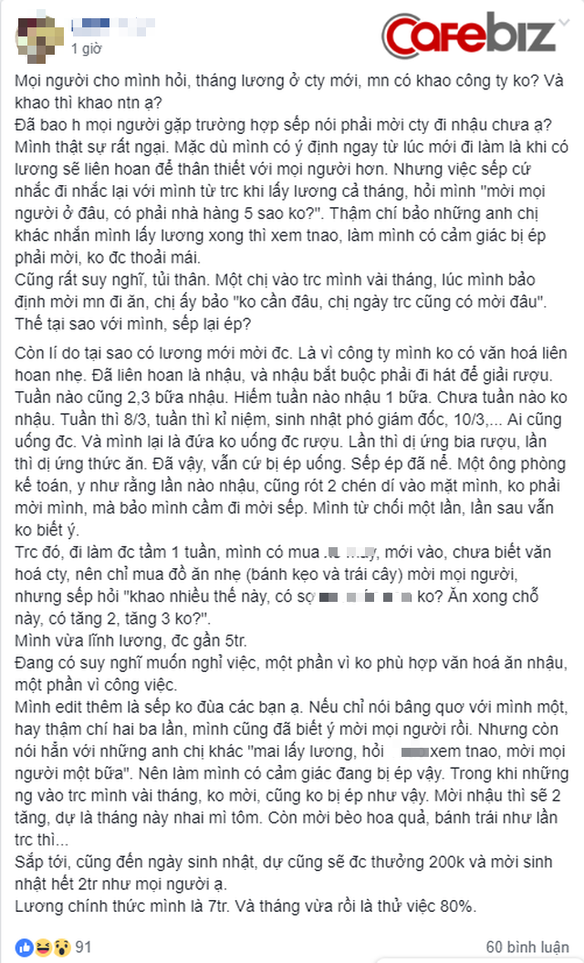 Lương tháng đầu 5 triệu: Sếp gợi ý phải khao cả công ty ăn ở nhà hàng 5 sao, ép nhậu tuần 2, 3 bữa, tôi muốn nghỉ việc! - Ảnh 2.