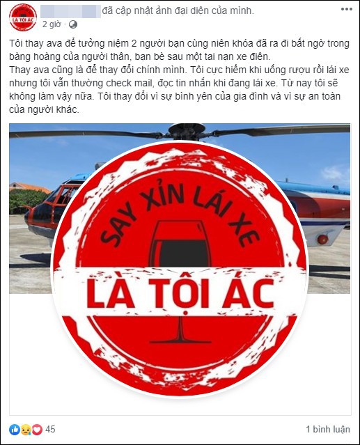 Sau tai nạn thương tâm ở hầm Kim Liên, cộng đồng mạng đồng loạt thay avatar Facebook với thông điệp: Say xỉn lái xe là tội ác! - Ảnh 2. Sau tai nạn thương tâm ở hầm Kim Liên, cộng đồng mạng đồng loạt thay avatar Facebook với thông điệp: Say xỉn lái xe là tội ác! - Ảnh 2.