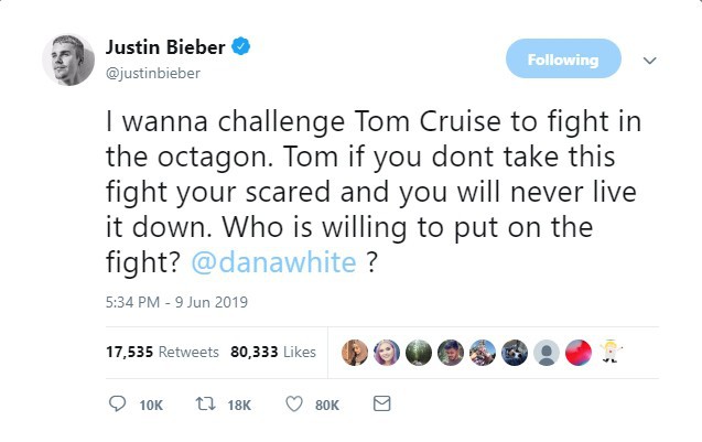Đang yên đang lành, Justin Bieber công khai thách thức đánh nhau với tài tử Tom Cruise, chuyện gì đây? - Ảnh 1.