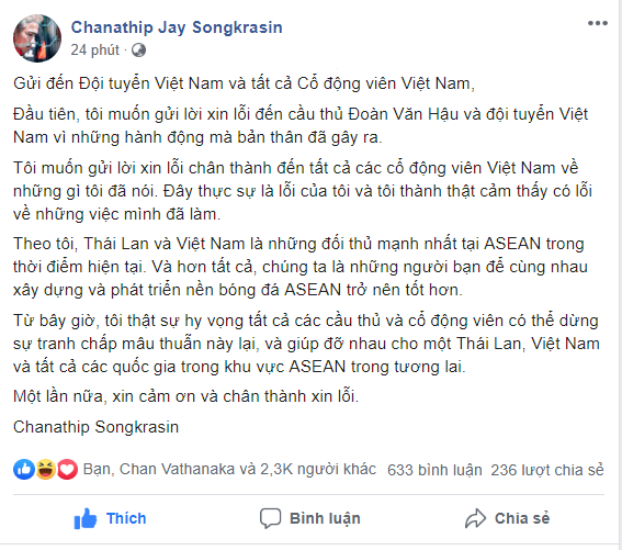 Messi Thái Lan viết tâm thư bằng tiếng Việt xin lỗi Văn Hậu và cổ động viên Việt Nam - Ảnh 1.