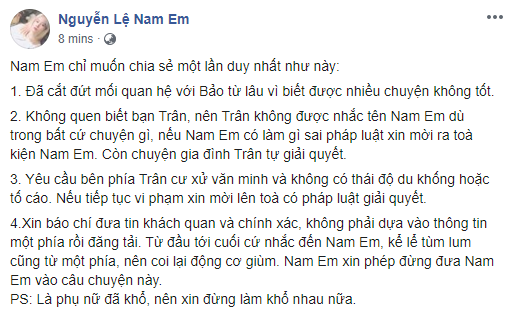 Bị tố giật chồng chưa cưới người khác, Nam Em chính thức lên tiếng &quot;đã cắt đứt mối quan hệ với Bảo từ lâu vì biết được nhiều chuyện không tốt&quot; - Ảnh 2.