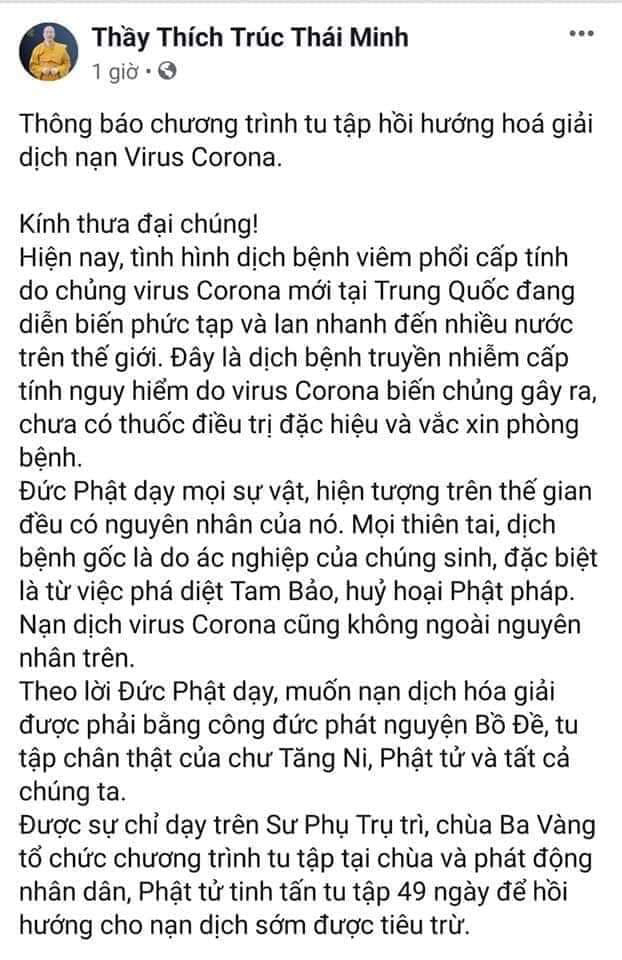 Trang cá nhân của sư thầy Thích Trúc Thái Minh đã gỡ bài viết có liên quan đến chương trình tu tập hồi hướng hoá giải dịch cúm virus Corona - Ảnh 2.