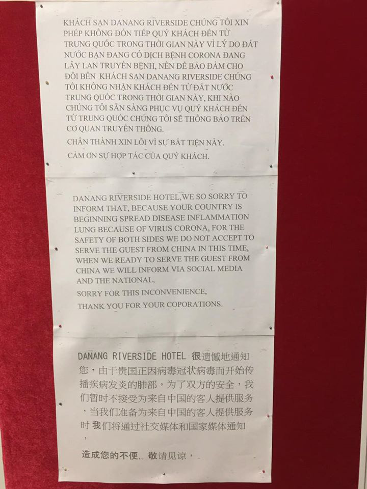 Sợ dịch bệnh lây lan, 1 khách sạn ở Đà Nẵng từ chối phục vụ khách Trung Quốc - Ảnh 3.