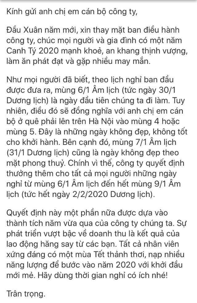 Sếp lì xì khủng cho nhân viên thêm 4 ngày nghỉ Tết với lý do &quot;đẹp ngày&quot;, cư dân mạng rần rần ghen tị! - Ảnh 1.