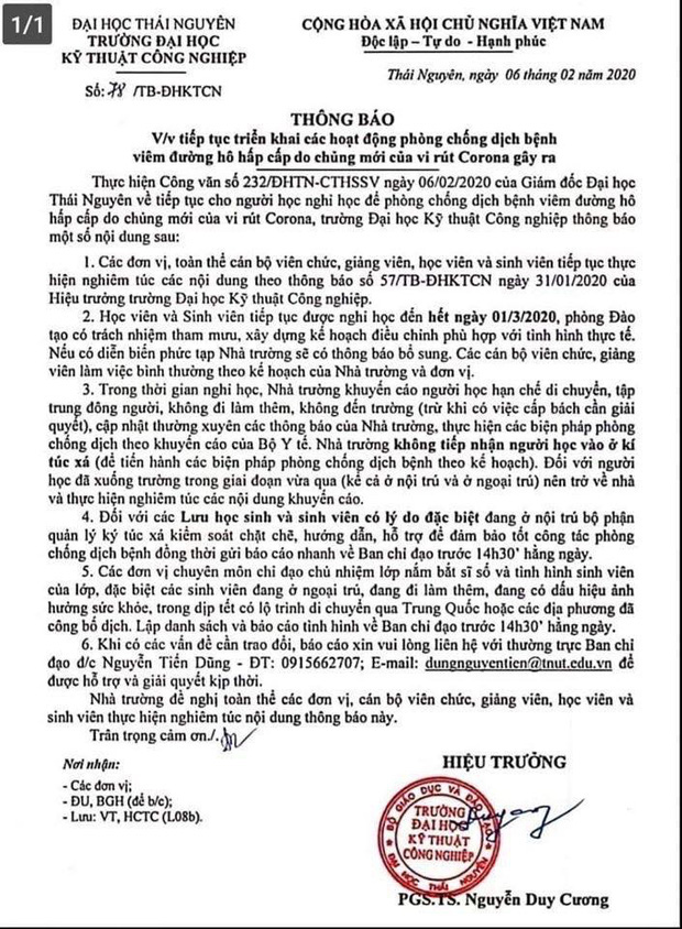 Để ph&ograve;ng dịch bệnh nCoV, một trường Đại học cho sinh vi&ecirc;n nghỉ tiếp đến hết ng&agrave;y 1/3 - Ảnh 2.
