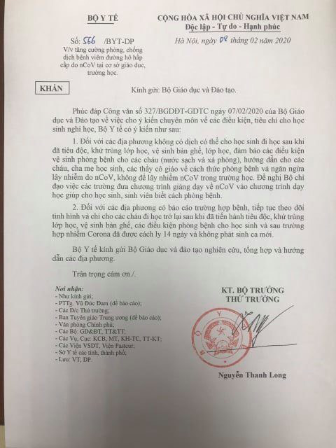 Công văn mới Bộ Y tế gửi Bộ GD-ĐT: Các tỉnh thành không có dịch có thể cho học sinh đi học trở lại - Ảnh 2.
