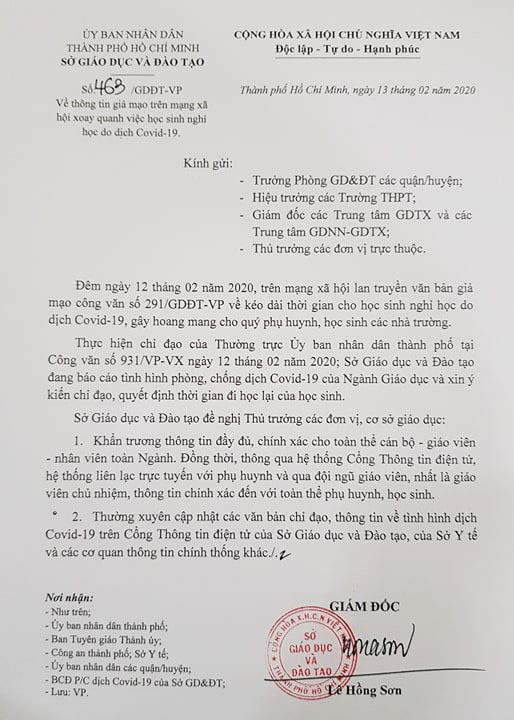 Văn bản thông báo nghỉ học đến 21/2 là giả mạo, Sở GD-ĐT TP.HCM vẫn đang chờ ý kiến chỉ đạo cho học sinh đi học lại  - Ảnh 1.