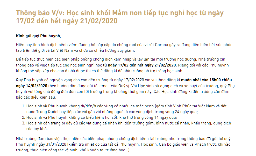 MỚI: 1 trường gửi thông báo đến phụ huynh về việc cho học sinh nghỉ đến hết ngày 21/2 để phòng ngừa virus Covid-19 - Ảnh 2.