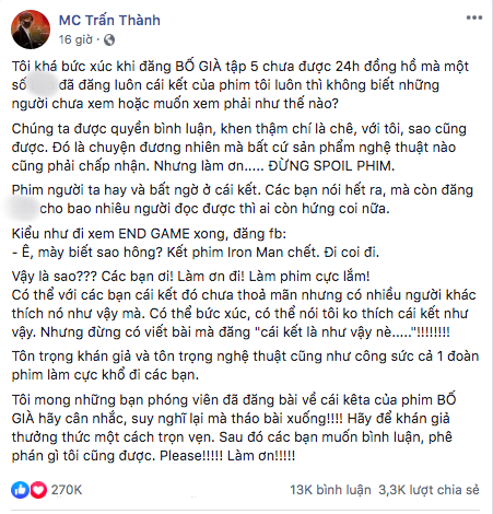 Động thái mới của Trấn Thành sau khi tức giận lên án việc spoil kết phim &quot;Bố già&quot;, dân mạng hưởng ứng rầm rộ - Ảnh 4.