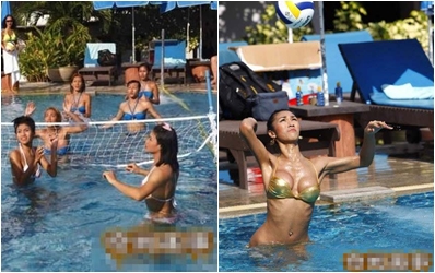 Hoa hậu chuyển giới Thái diện bikini chơi bóng chuyền nước  1