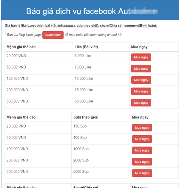 Bảng giá được rao bán công khai trên một trong những trang hướng dẫn hack like nổi tiếng hiện nay