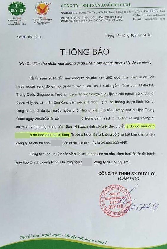 Giám đốc ra thông báo hoàn tiền du lịch cho nhân viên có bầu do lủng bao cao su - Ảnh 1.